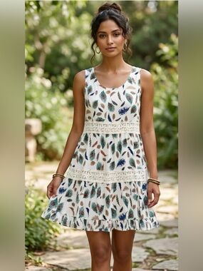 CY USA White Sleeveless Feather-Print Tiered Sundress
